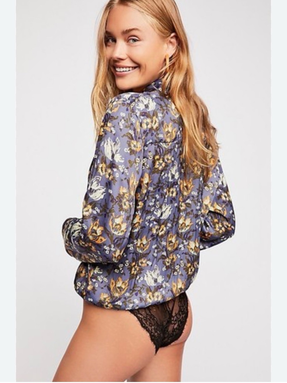Intimately Free People Blue Floral Lace Plunging Wrap Elsa Bodysuit Size S